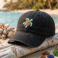 Sea Turtle Hibiscus Flowers Tropical Beach Embroidered Hat — Washed Hat