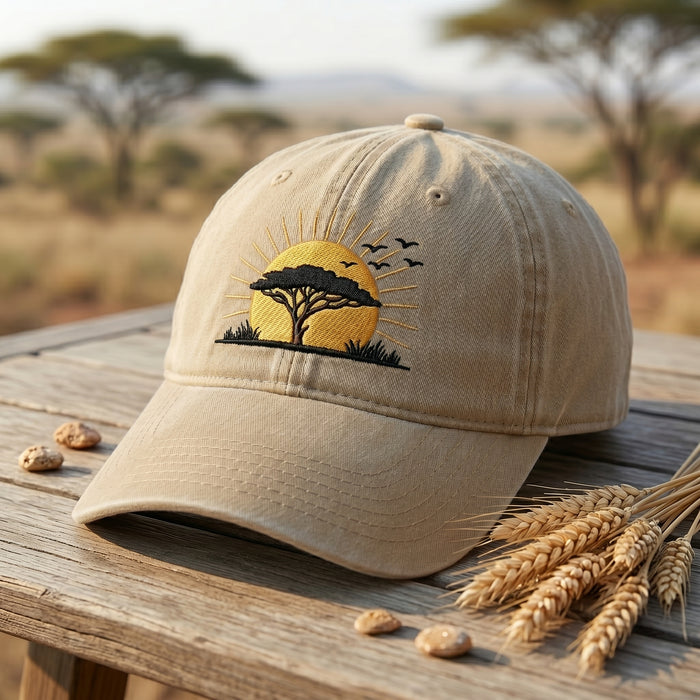 African Safari Sunset Acacia Tree Birds Silhouette Embroidered Hat