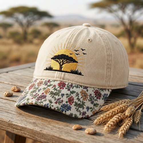 African Safari Sunset Acacia Tree Birds Silhouette Embroidered Floral & Leopard Brim Hat