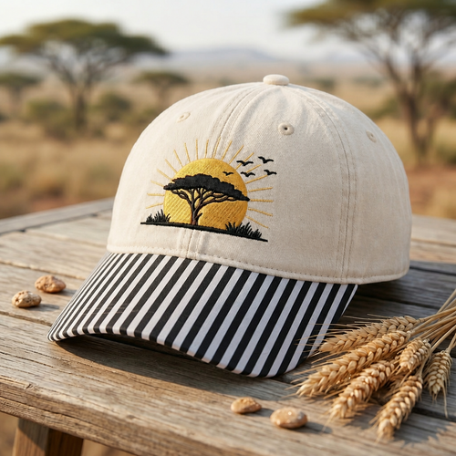 African Safari Sunset Acacia Tree Birds Silhouette Embroidered Gingham & Stripe Brim Hat