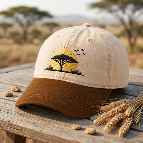 African Safari Sunset Acacia Tree Birds Silhouette Embroidered Two-Tone Hat