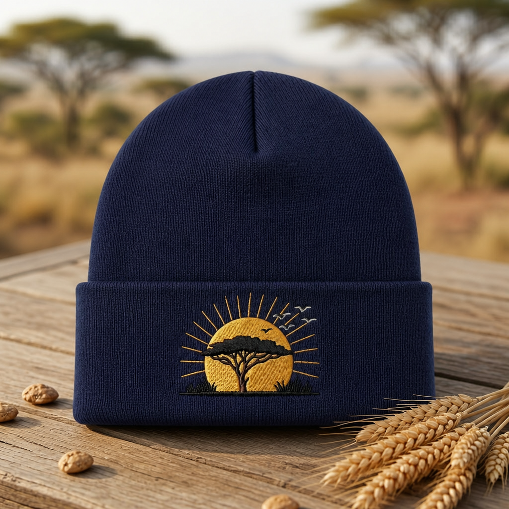 African Safari Sunset Acacia Tree Birds Silhouette Embroidered Beanie