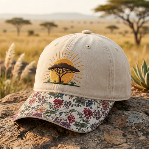 African Savanna Acacia Tree Sunrise Safari Embroidered Floral & Leopard Brim Hat