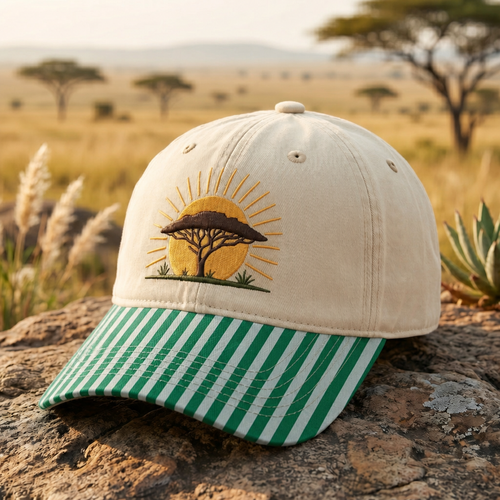 African Savanna Acacia Tree Sunrise Safari Embroidered Gingham & Stripe Brim Hat
