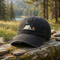 Camping Tent Campfire Pine Trees Moon Night Scene Embroidered Hat — Washed Hat