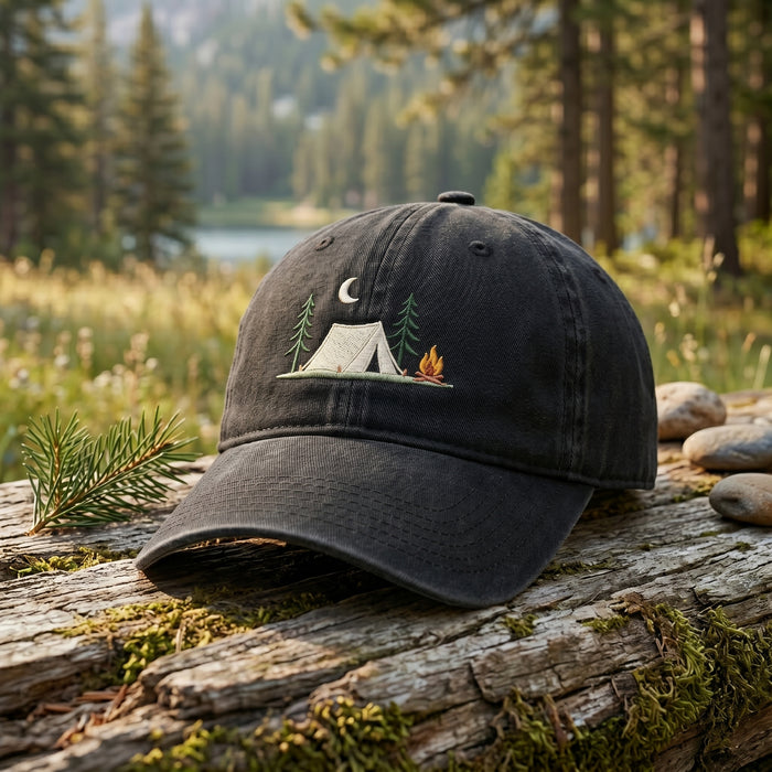 Camping Tent Campfire Pine Trees Moon Night Scene Embroidered Hat