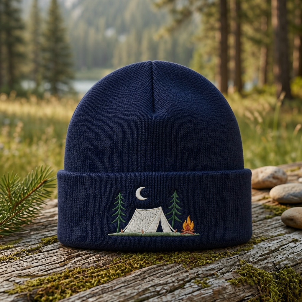 Camping Tent Campfire Pine Trees Moon Night Scene Embroidered Beanie