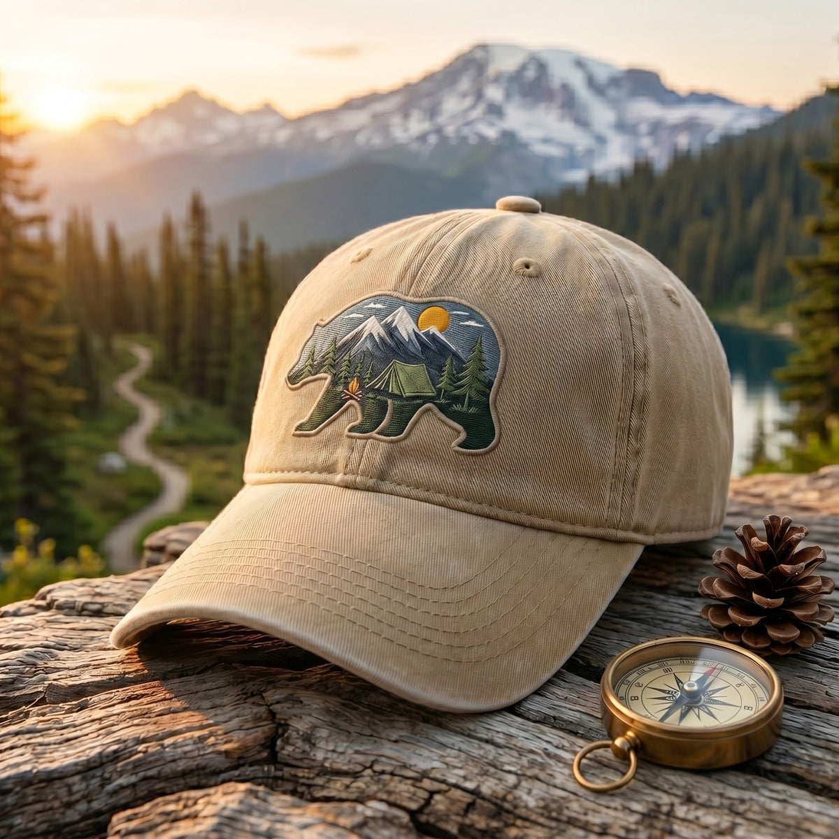 Camping Bear Mountain Tent Campfire Wilderness Scene Embroidered Hat — Baseball Cap