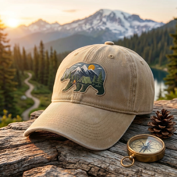 Camping Bear Mountain Tent Campfire Wilderness Scene Embroidered Hat