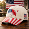 Personalized USA Map American Flag Side Flag Patriotic Embroidered Gingham & Stripe Brim Hat