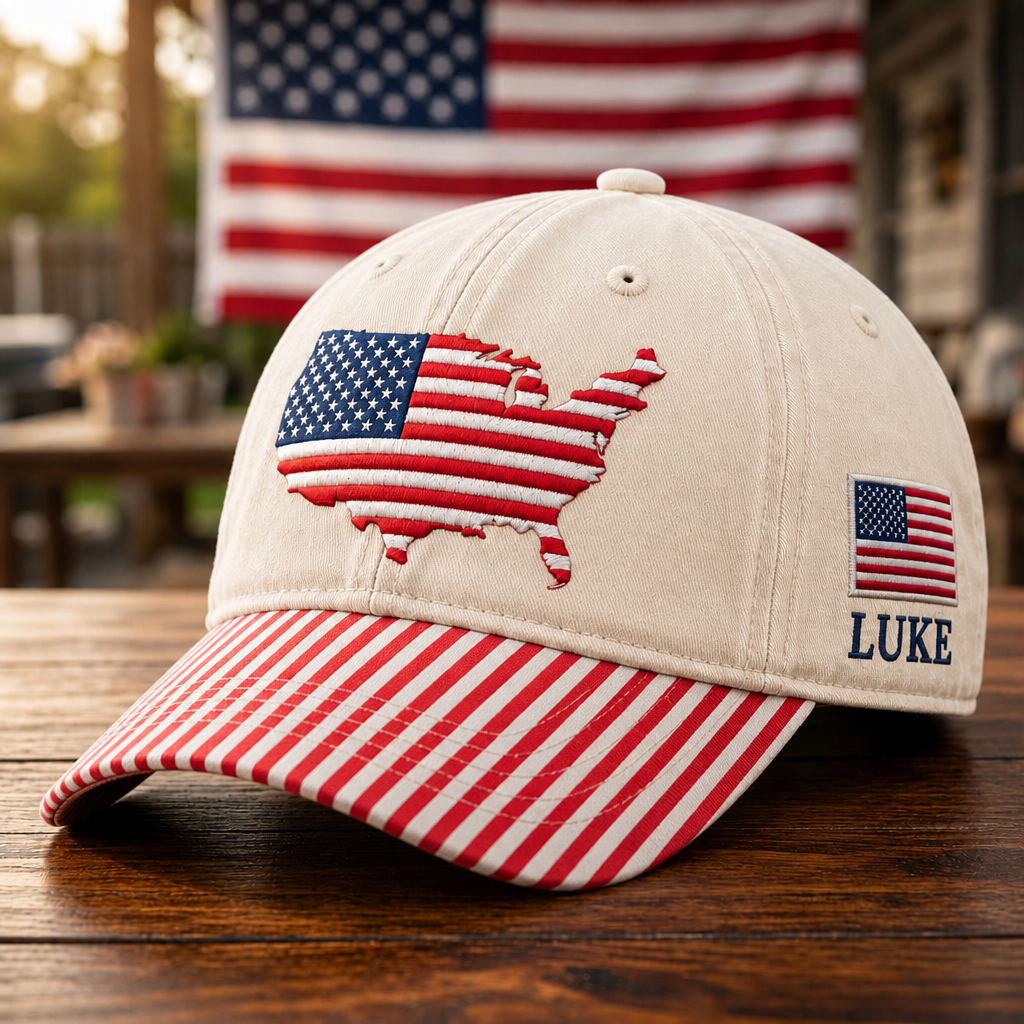 Personalized USA Map American Flag Side Flag Patriotic Embroidered Gingham & Stripe Brim Hat