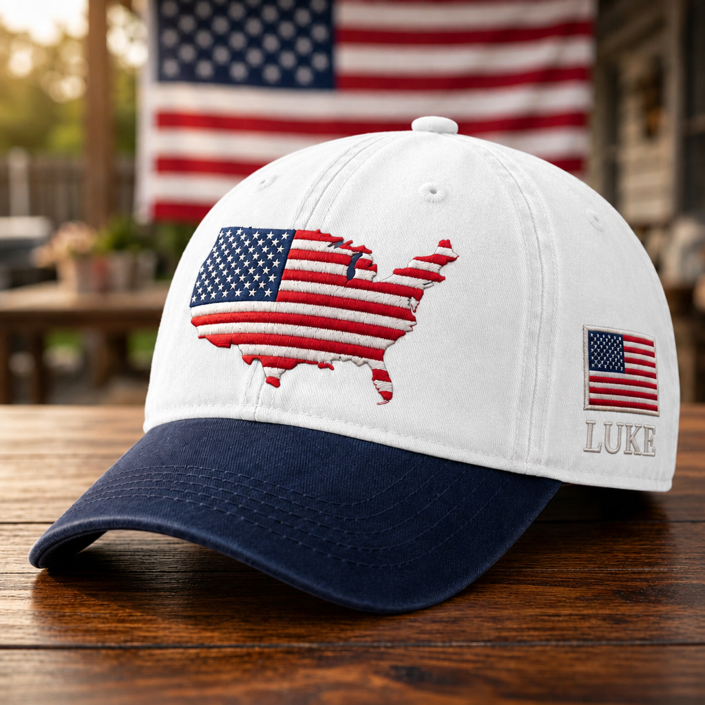 Personalized USA Map American Flag Side Flag Patriotic Embroidered Two-Tone Hat