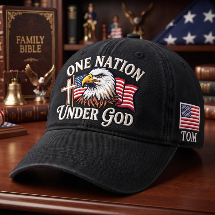 Personalized One Nation Under God Bald Eagle American Flag Cross Embroidered Hat