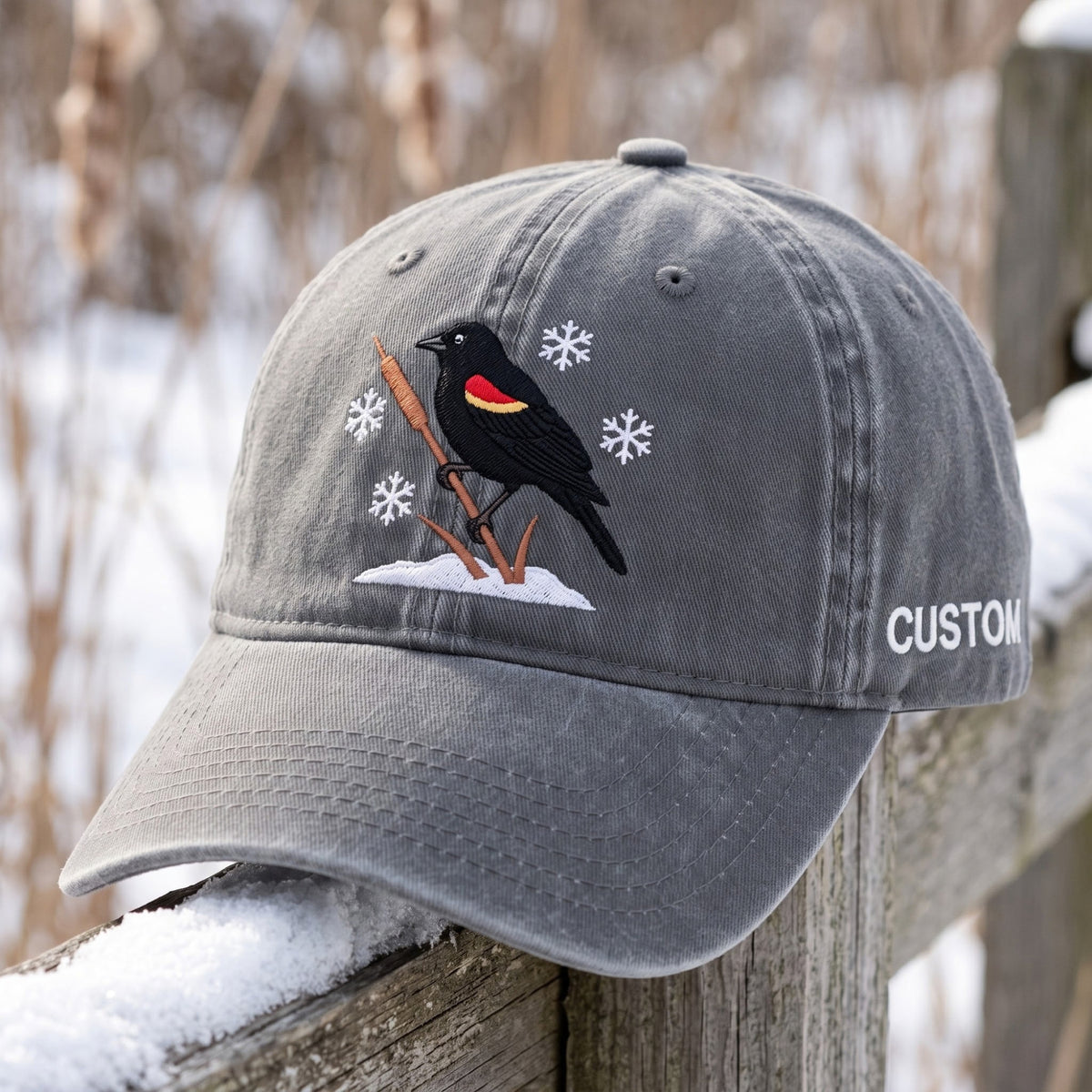 Personalized Red-Winged Blackbird Winter Snowflakes Cattail Embroidered Hat — Washed Hat