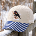 Personalized Red-Winged Blackbird Winter Snowflakes Cattail Embroidered Gingham & Stripe Brim Hat