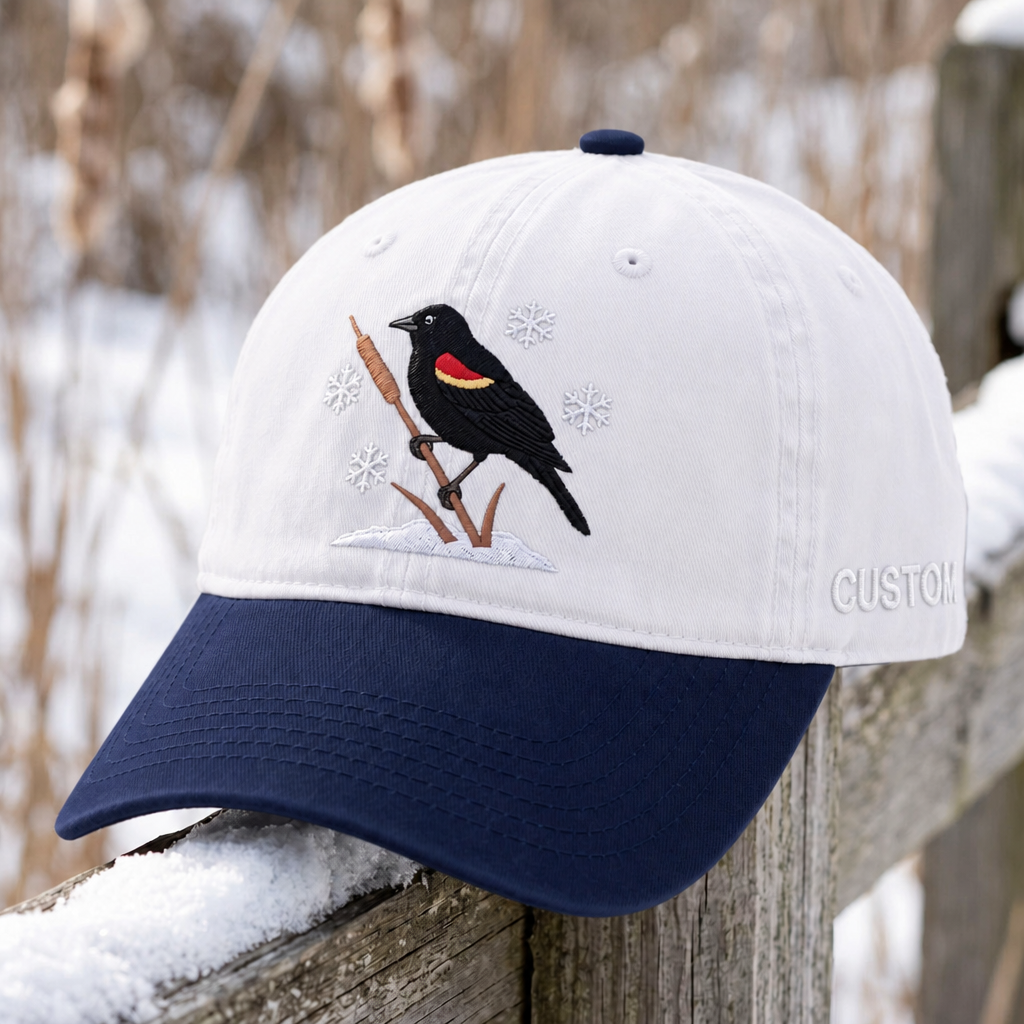 Personalized Red-Winged Blackbird Winter Snowflakes Cattail Embroidered Two-Tone Hat