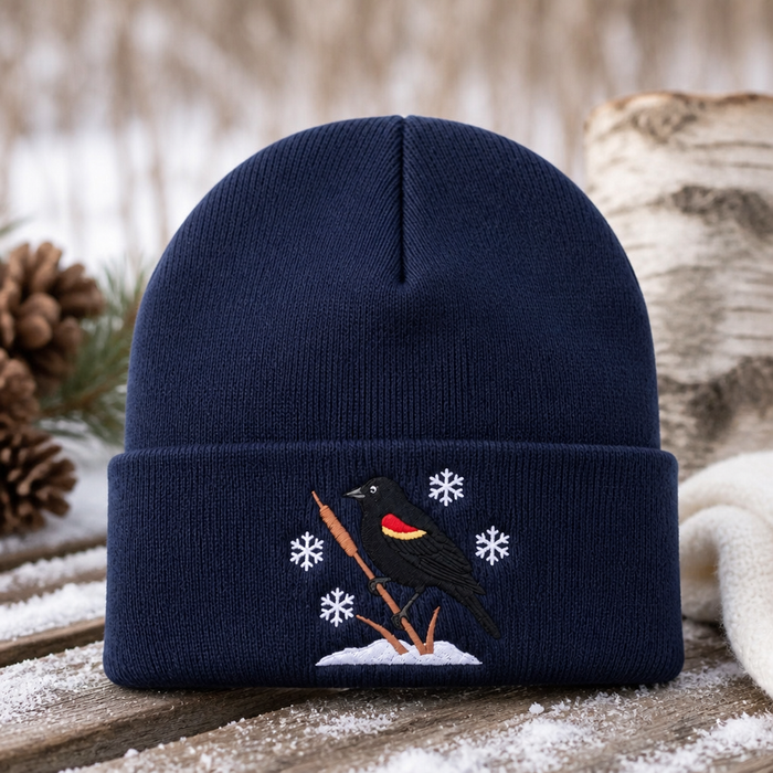 Personalized Red-Winged Blackbird Winter Snowflakes Cattail Embroidered Beanie