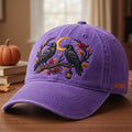 Personalized Halloween Two Ravens Crescent Moon Autumn Leaves Lantern Embroidered Hat — Washed Hat
