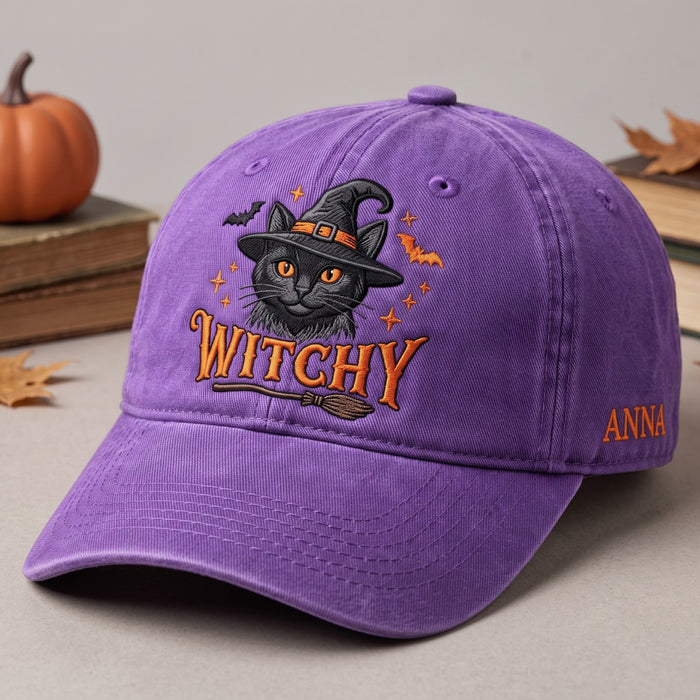 Personalized Witchy Black Cat Witch Hat Broom Bats Halloween Embroidered Hat