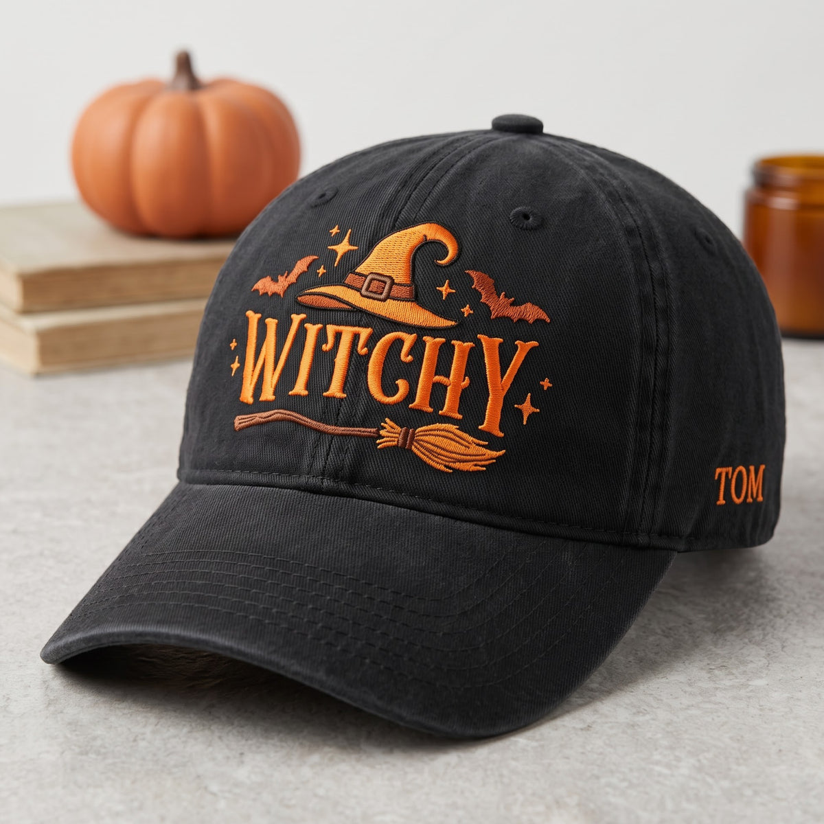 Personalized Witchy Halloween Witch Hat Broom Bats Stars Embroidered Hat — Washed Hat
