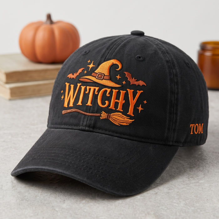 Personalized Witchy Halloween Witch Hat Broom Bats Stars Embroidered Hat
