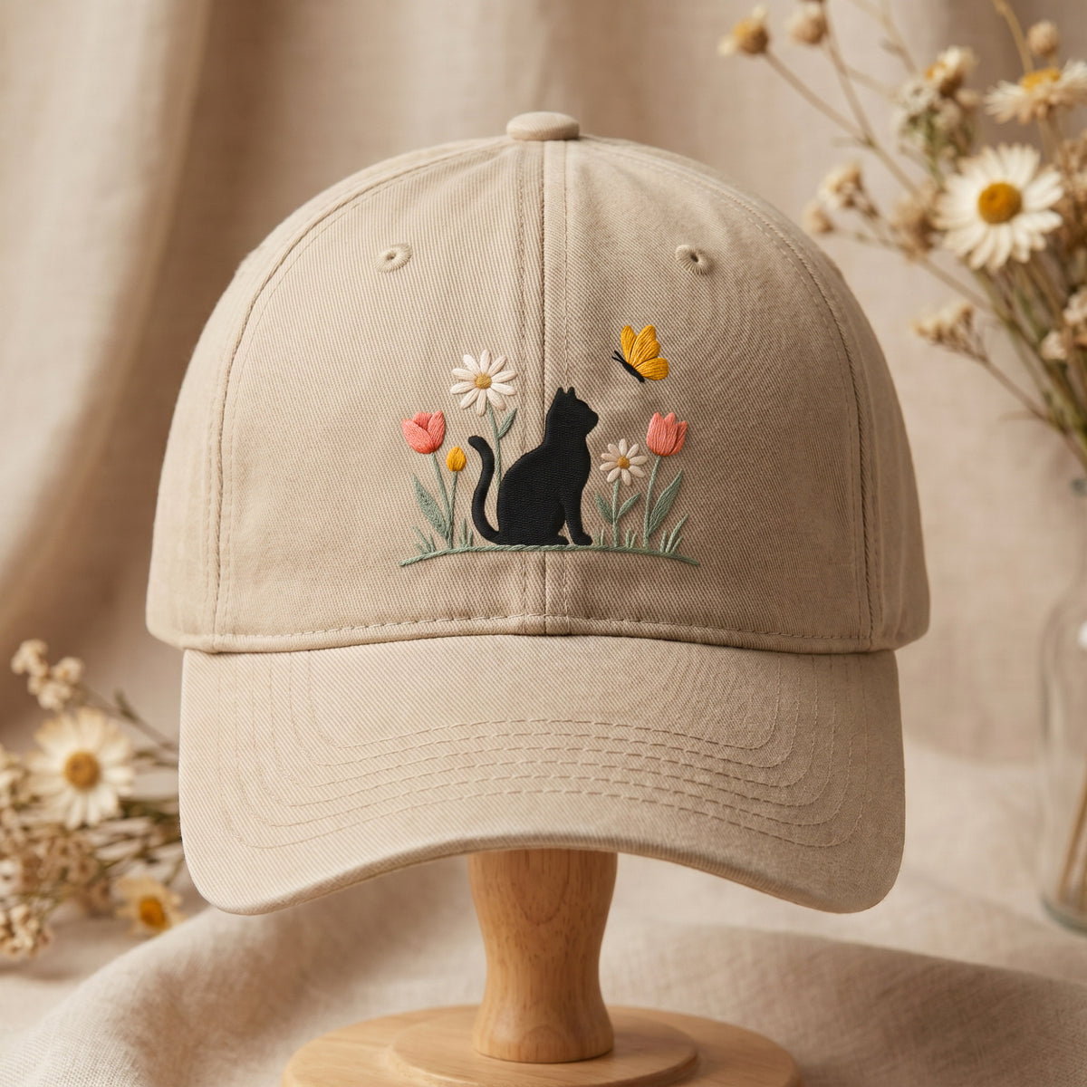 Black Cat Butterfly Wildflowers Daisy Tulip Garden Embroidered Hat — Baseball Cap
