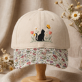 Black Cat Butterfly Wildflowers Daisy Tulip Garden Embroidered Floral & Leopard Brim Hat