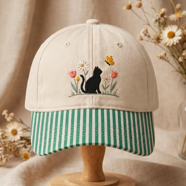 Black Cat Butterfly Wildflowers Daisy Tulip Garden Embroidered Gingham & Stripe Brim Hat