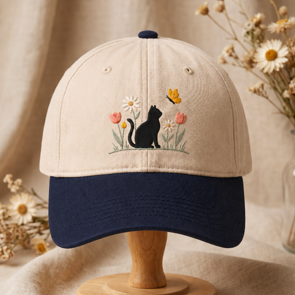 Black Cat Butterfly Wildflowers Daisy Tulip Garden Embroidered Two-Tone Hat