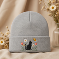 Black Cat Butterfly Wildflowers Daisy Tulip Garden Embroidered Beanie