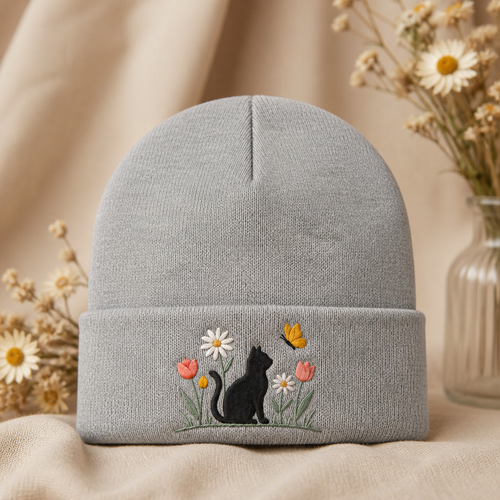 Black Cat Butterfly Wildflowers Daisy Tulip Garden Embroidered Beanie