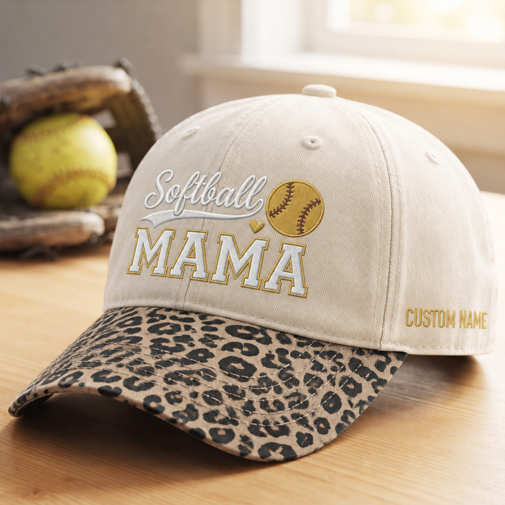 Personalized Softball Mama Heart Baseball Cap Custom Name Embroidered Floral & Leopard Brim Hat