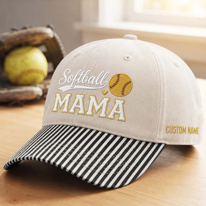 Personalized Softball Mama Heart Baseball Cap Custom Name Embroidered Gingham & Stripe Brim Hat