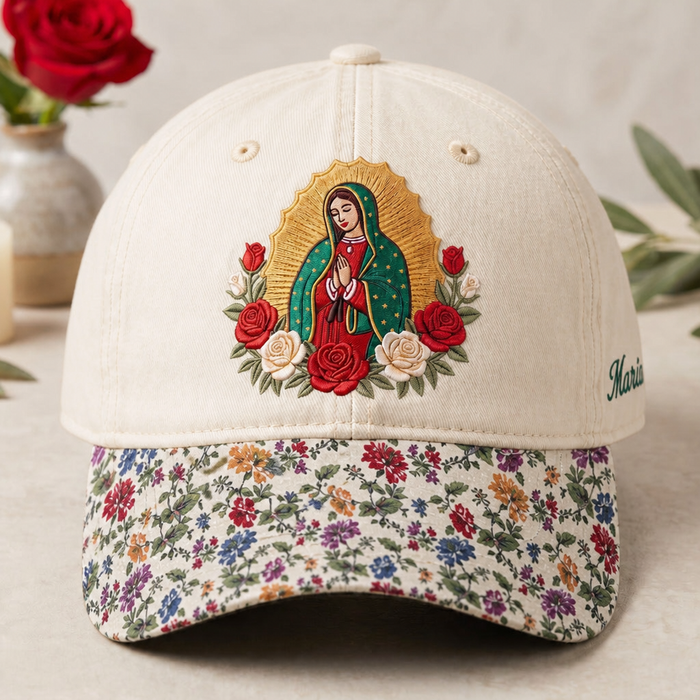Personalized Our Lady of Guadalupe Roses Faith Embroidered Floral & Leopard Brim Hat