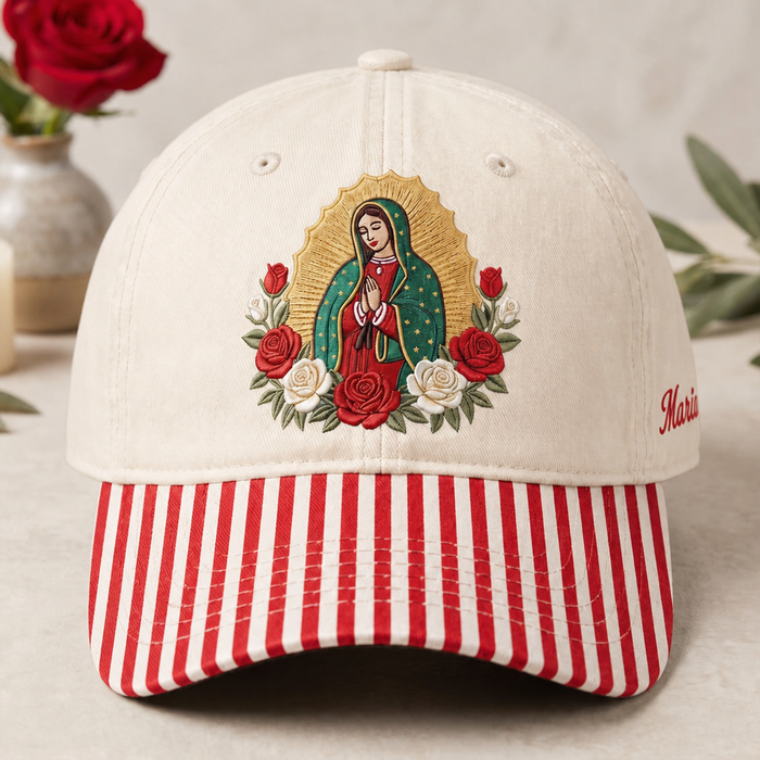 Personalized Our Lady of Guadalupe Roses Faith Embroidered Gingham & Stripe Brim Hat