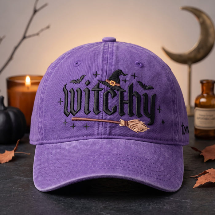 Witchy Halloween Witch Hat Broomstick Bats Embroidered Hat
