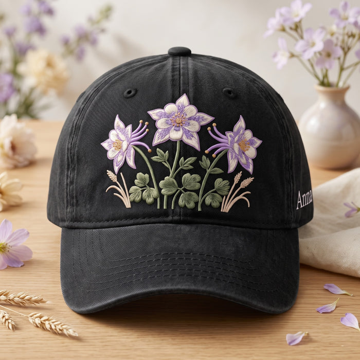 Personalized Columbine Wildflower Botanical Garden Embroidered Hat