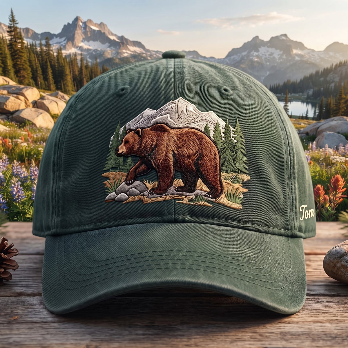Personalized Grizzly Bear Mountain Forest Nature Scene Embroidered Hat — Washed Hat
