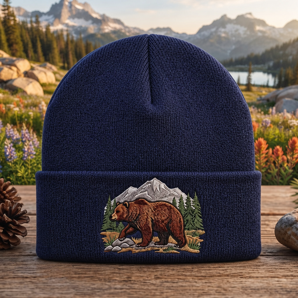 Personalized Grizzly Bear Mountain Forest Nature Scene Embroidered Beanie