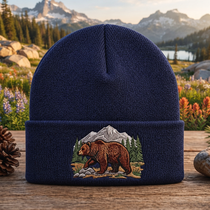 Personalized Grizzly Bear Mountain Forest Nature Scene Embroidered Beanie