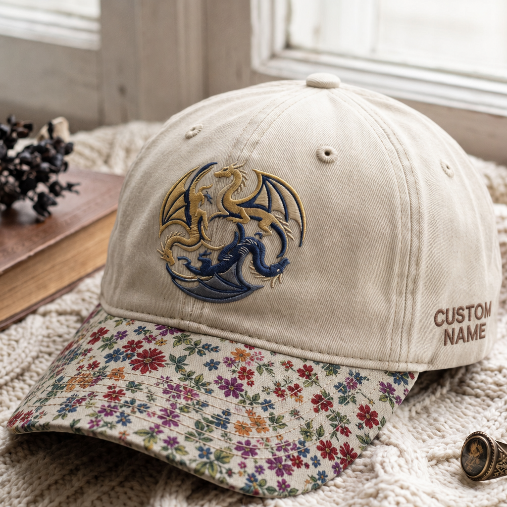 Personalized Three Dragons Circle Fantasy Embroidered Floral & Leopard Brim Hat