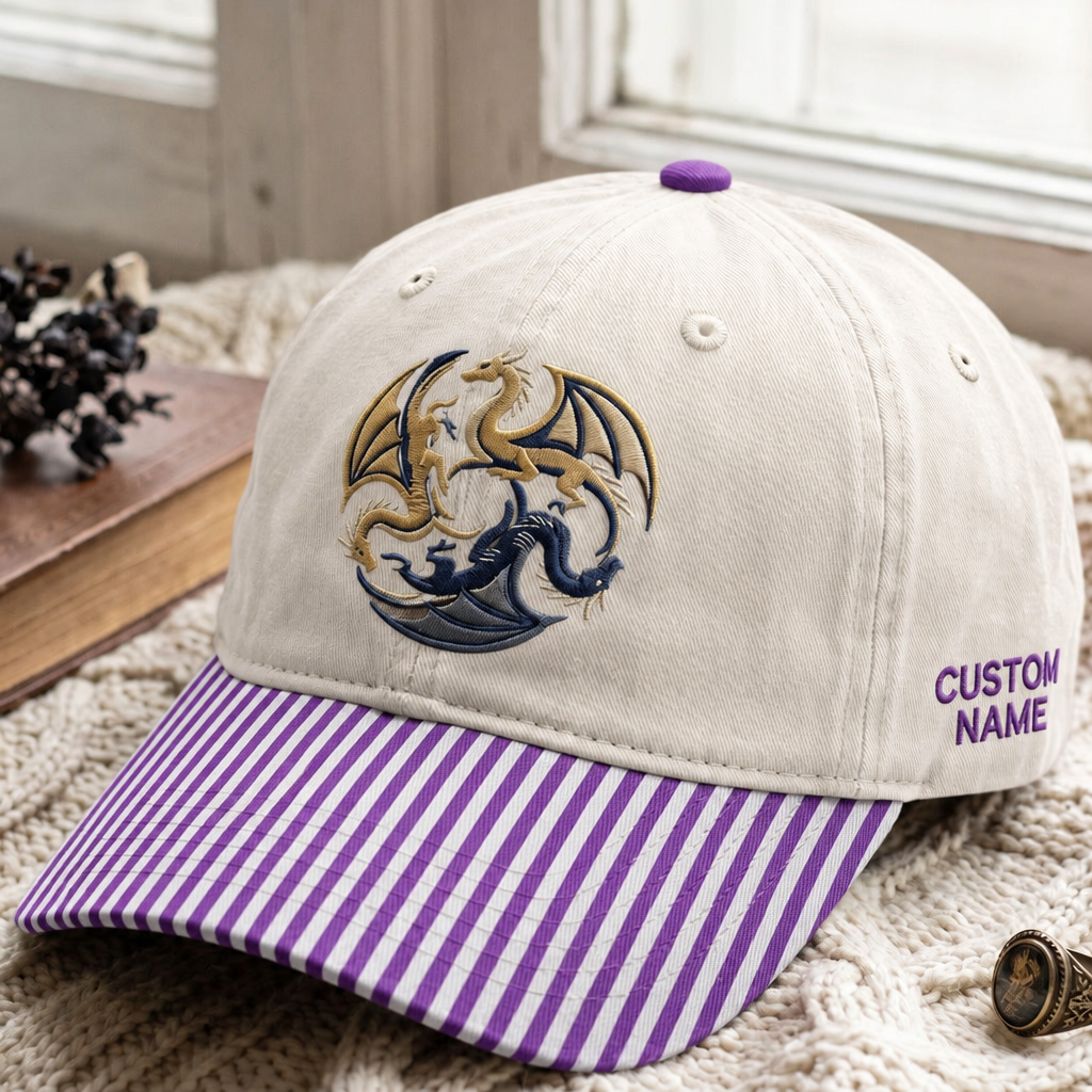 Personalized Three Dragons Circle Fantasy Embroidered Gingham & Stripe Brim Hat