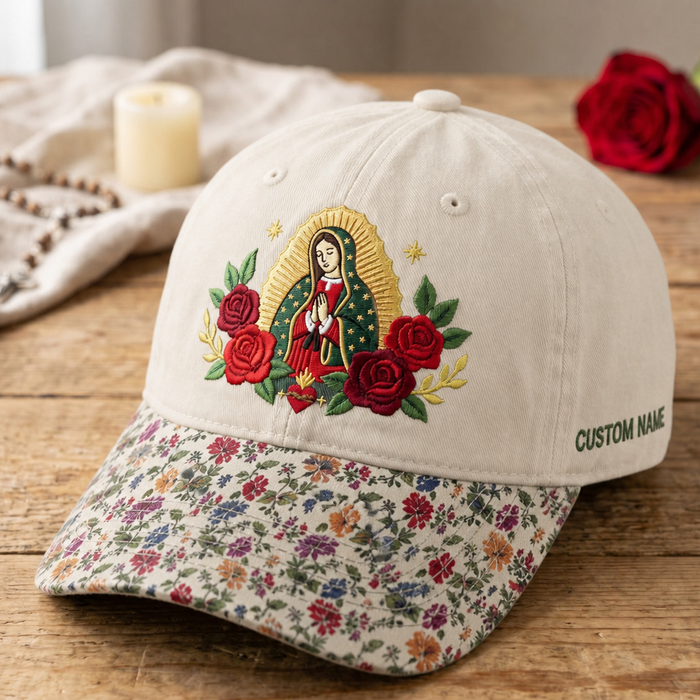 Personalized Our Lady of Guadalupe Roses Sacred Heart Embroidered Floral & Leopard Brim Hat