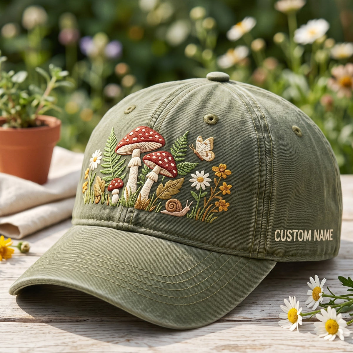 Personalized Mushroom Wildflower Butterfly Snail Cottagecore Embroidered Hat — Washed Hat