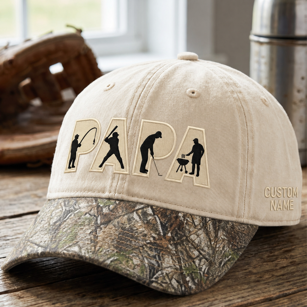 Personalized Papa Fishing Baseball Golf BBQ Silhouette Custom Name Embroidered Floral & Leopard Brim Hat