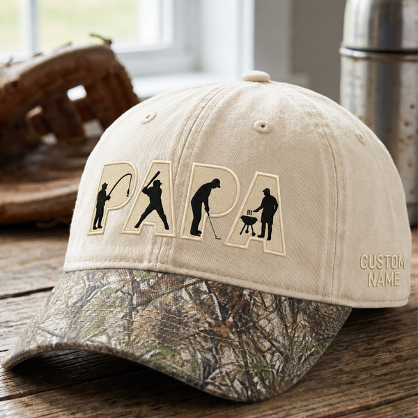 Personalized Papa Fishing Baseball Golf BBQ Silhouette Custom Name Embroidered Floral & Leopard Brim Hat