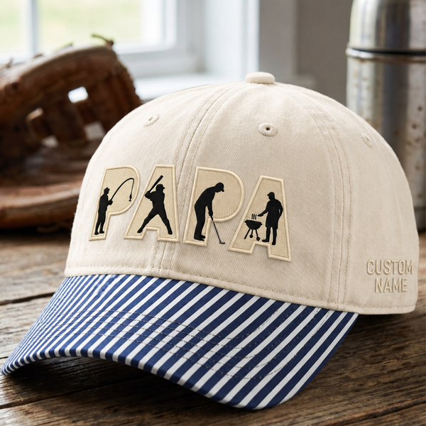 Personalized Papa Fishing Baseball Golf BBQ Silhouette Custom Name Embroidered Gingham & Stripe Brim Hat