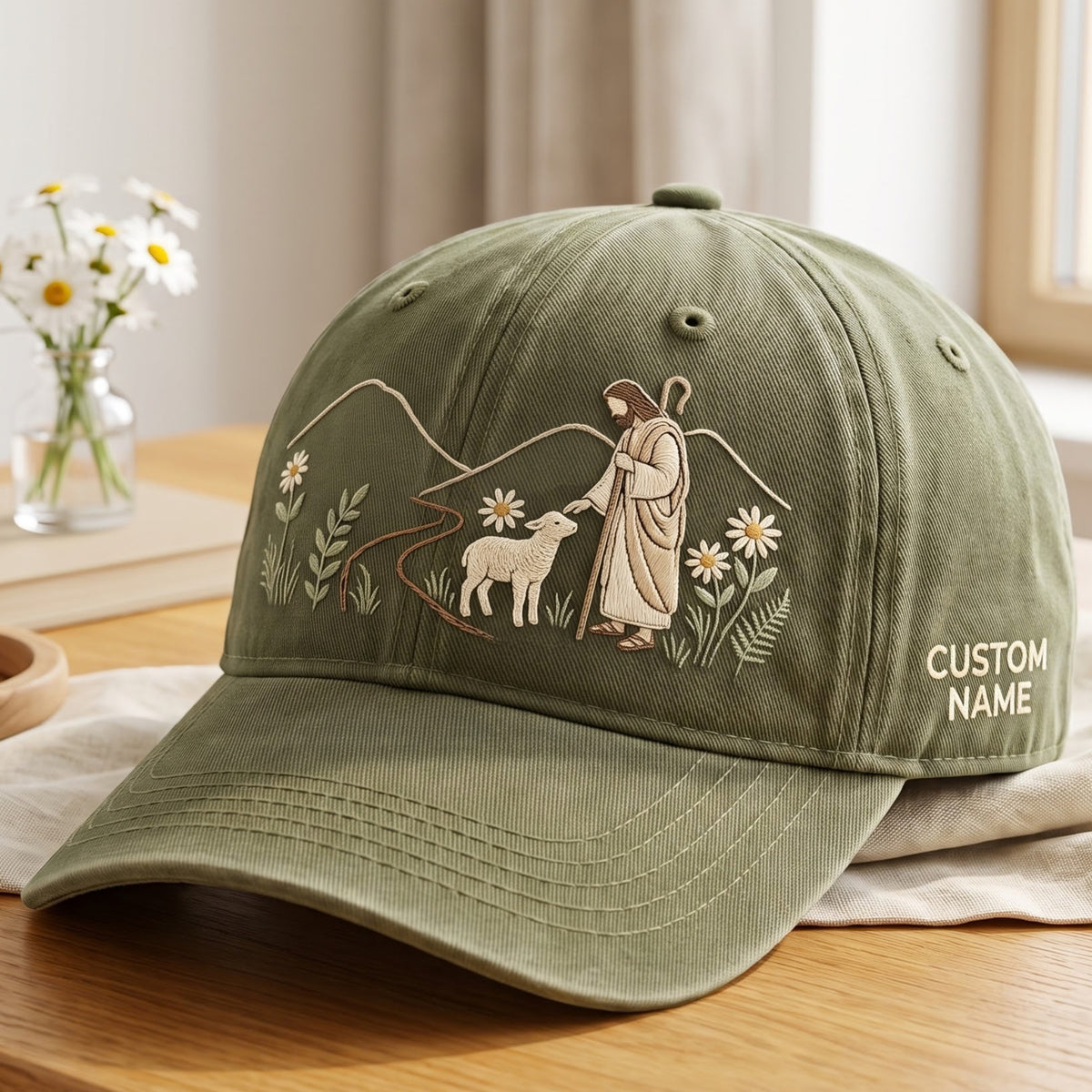 Personalized Jesus Good Shepherd Lamb Wildflower Mountain Embroidered Hat — Washed Hat