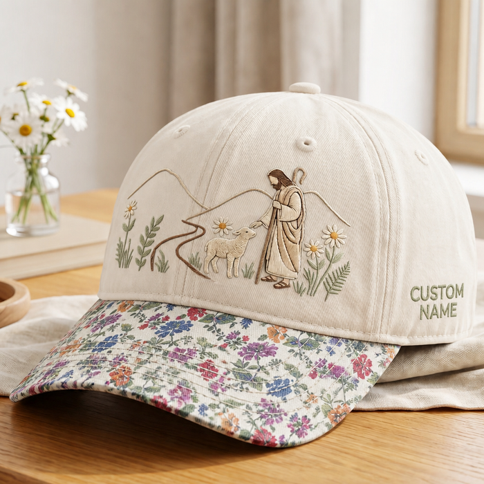Personalized Jesus Good Shepherd Lamb Wildflower Mountain Embroidered Floral & Leopard Brim Hat