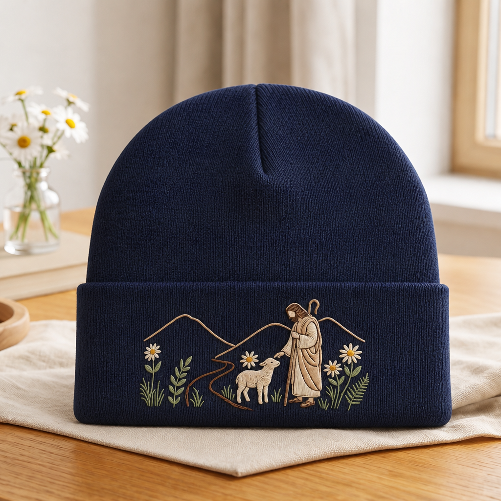 Personalized Jesus Good Shepherd Lamb Wildflower Mountain Embroidered Beanie